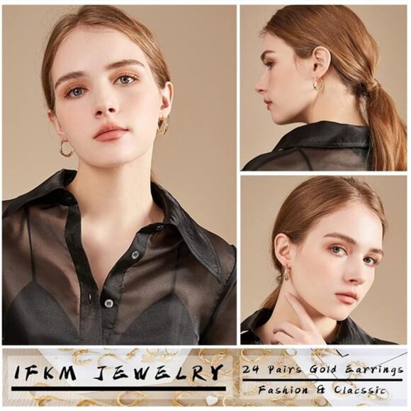 IFKM 24 Pairs Gold Hoop Earrings Set for Women Hypoallergenic Chunky Chain - Picture 2 of 8